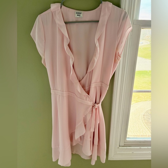 Aritzia Sunday Best Blush Pink Ruffle Wrap Mini Dress - Picture 3 of 9